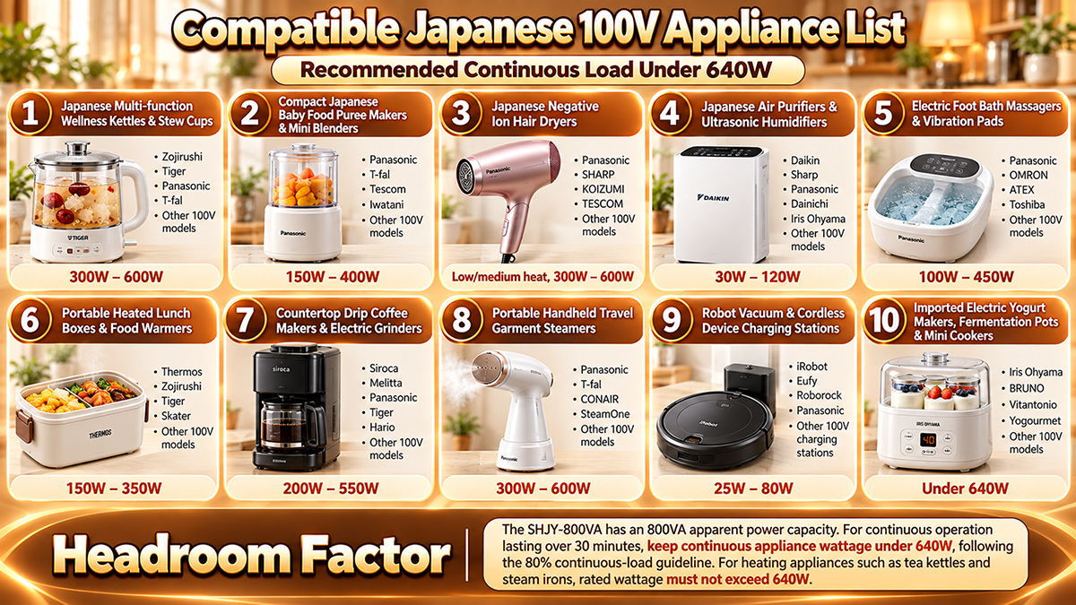 SHJY-2000VA N20003 220V to 100V Compatible Japanese 100V Appliance Recommended Continuous Load Under 640W Japanese multi-function wellness glass tea kettles & stew cups (300W - 600W) Compact Japanese baby food puree makers & mini blenders (150W - 400W) Japanese negative ion hair dryers operating on low/medium heat (300W - 600W) Japanese multi-stage home air purifiers & whole-room ultrasonic humidifiers (30W - 120W) Electric foot bath heated massagers & vibration pads (100W - 450W) Japanese portable electric heated lunch boxes & food warmers (150W - 350W) Japanese countertop drip coffee makers & electric grinders (200W - 550W) Portable handheld travel garment wrinkle steamers (300W - 600W) Robot vacuum cleaner smart charging stations & cordless dock chargers (25W - 80W) Japanese imported electric yogurt makers, fermentation pots & mini cookers (under 640W) Headroom Factor The SHJY-800VA has an 800VA apparent power capacity. For continuous operation lasting over 30 minutes, standard electrical engineering practice recommends keeping continuous appliance wattage under 640W (80% continuous threshold). For heating appliances such as tea kettles and steam irons, ensure the rated wattage does not exceed 640W. SHJY-2000VA N20003 220 V a 100 V Aparato japonés compatible de 100 V Carga continua recomendada menos de 640 W Teteras y tazas para guisar de vidrio multifunción japonesas para el bienestar (300 W - 600 W) Mini licuadoras y máquinas para hacer puré de comida para bebés japonesas compactas (150 W - 400 W) Secadores de pelo japoneses de iones negativos que funcionan a temperatura baja/media (300 W - 600 W) Purificadores de aire domésticos de etapas múltiples japoneses y humidificadores ultrasónicos para toda la habitación (30 W - 120 W) Masajeadores eléctricos para baños de pies con calefacción y almohadillas vibratorias (100 W - 450 W) Loncheras y calentadores de alimentos eléctricos portátiles japoneses (150 W - 350 W) Cafeteras de goteo y molinillos eléctricos de encimera japonesas (200 W - 550 W) Vaporizadores de arrugas portátiles de mano para ropa de viaje (300 W - 600 W) Estaciones de carga inteligentes para robots aspiradores y cargadores de base inalámbricos (25 W - 80 W) Máquinas para hacer yogurt, ollas de fermentación y mini cocinas eléctricas importadas de Japón (menos de 640 W) Factor de espacio libre El SHJY-800VA tiene una capacidad de potencia aparente de 800 VA. Para un funcionamiento continuo que dure más de 30 minutos, la práctica estándar de ingeniería eléctrica recomienda mantener la potencia continua del aparato por debajo de 640 W (umbral continuo del 80 %). Para aparatos de calefacción como teteras y planchas de vapor, asegúrese de que la potencia nominal no supere los 640 W.