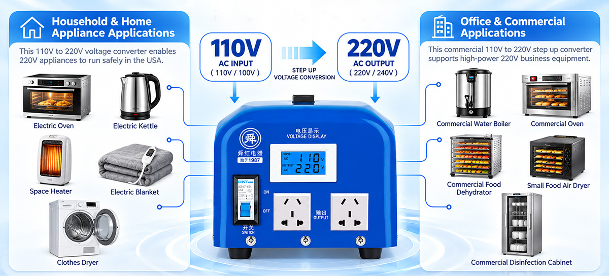 Shunhong 110V to 220V Transformer - Household & Commercial Appliance Applications Shunhong 2000W-5000W 110V to 220V step up transformer applications for household appliances like electric ovens and space heaters, and commercial equipment like water boilers and food dehydrators.