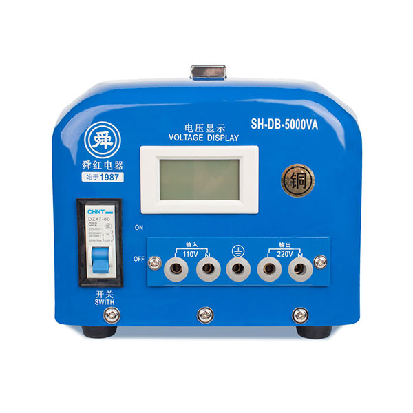 Exterior view on white background of Shunhong Industrial 5000W (5000VA) heavy duty step up transformer 110V to 220V featuring terminal block wiring connections for high power.