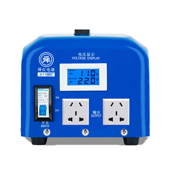 Exterior view on white background of Shunhong Industrial 2000W (2000VA) step up transformer 110V to 220V showing standard AC outlets.
